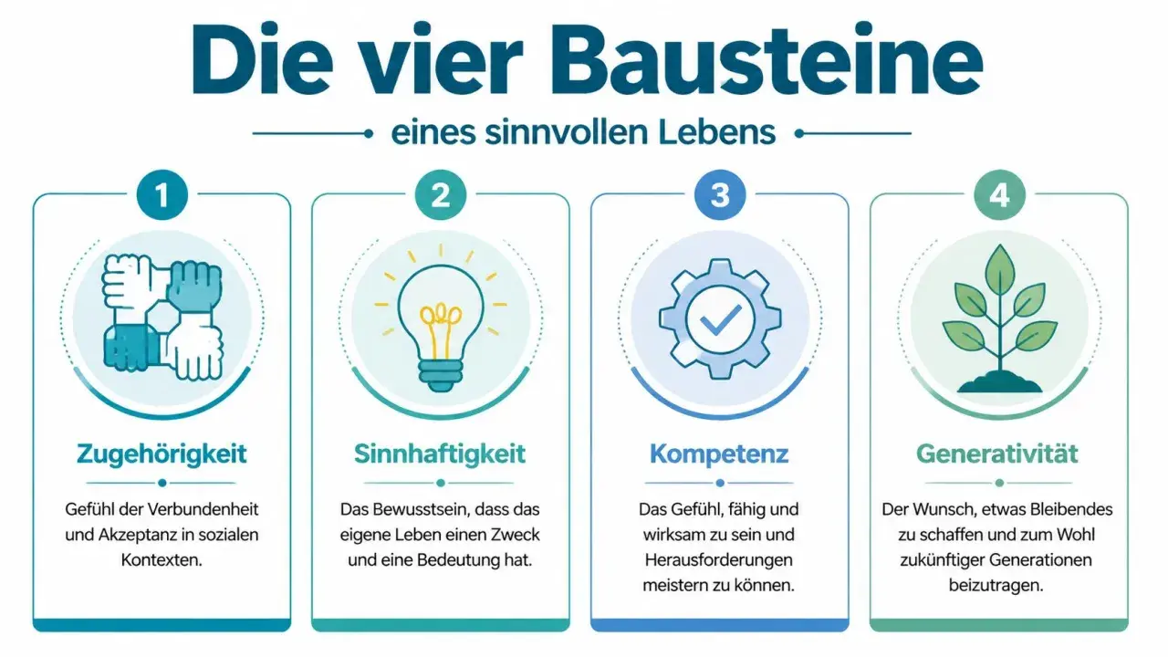 Die vier Bausteine eines sinnvollen Lebens: Zugehörigkeit, Sinnhaftigkeit, Kompetenz und Generativität. So kann man Sinn im Leben finden.