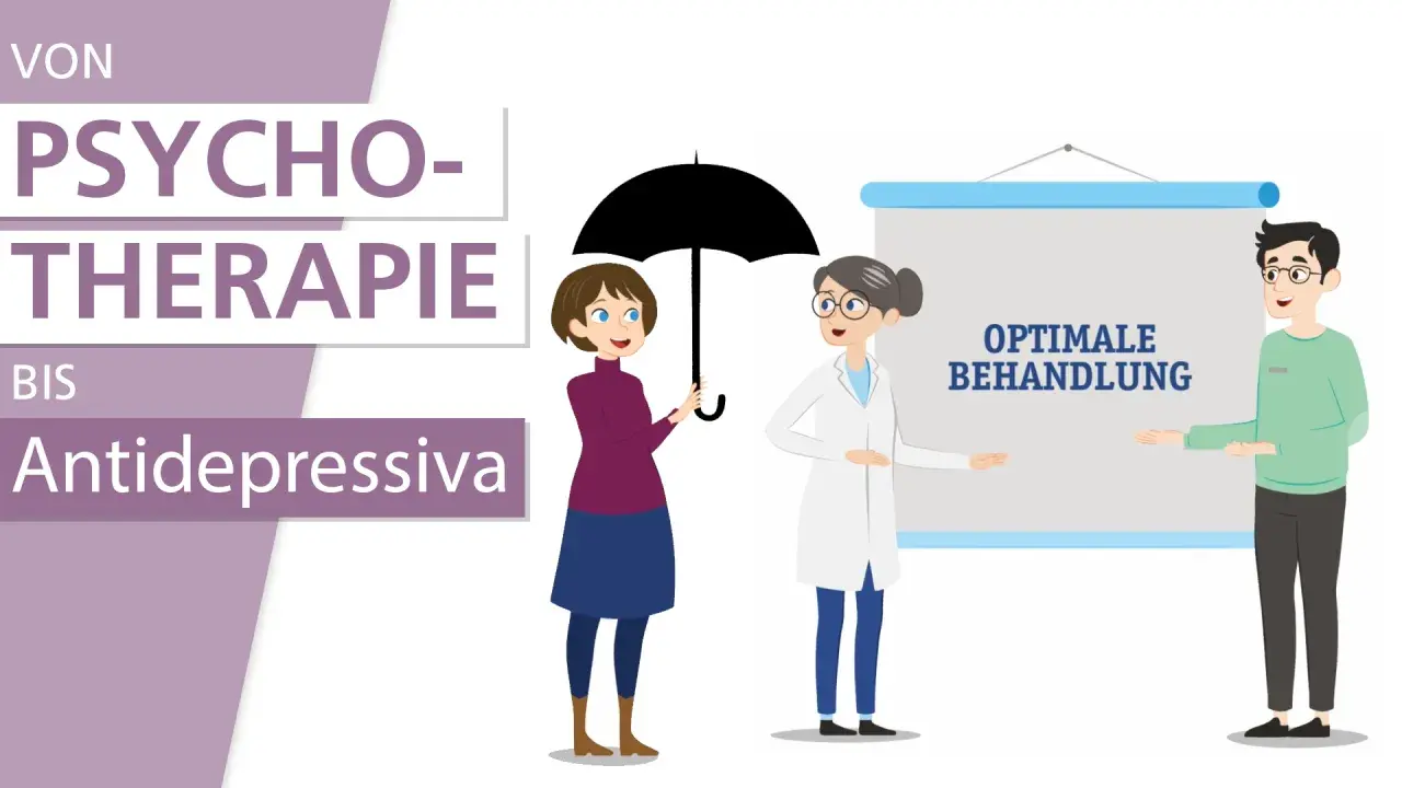 Illustration zeigt eine Frau mit Regenschirm, eine Ärztin und einen Mann vor einer Tafel mit "Optimale Behandlung". Psychotherapie und Antidepressiva als Mittel bei Depressionen.