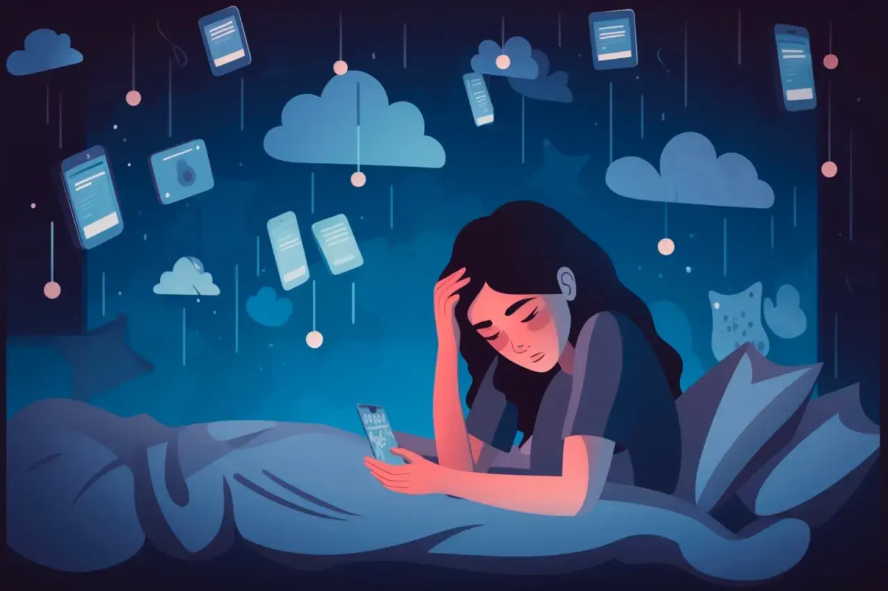 Eine Frau liegt im Bett, umgeben von fallenden Smartphones und Wolken. Sie fühlt die FOMO-Bedeutung, die Angst, etwas zu verpassen.
