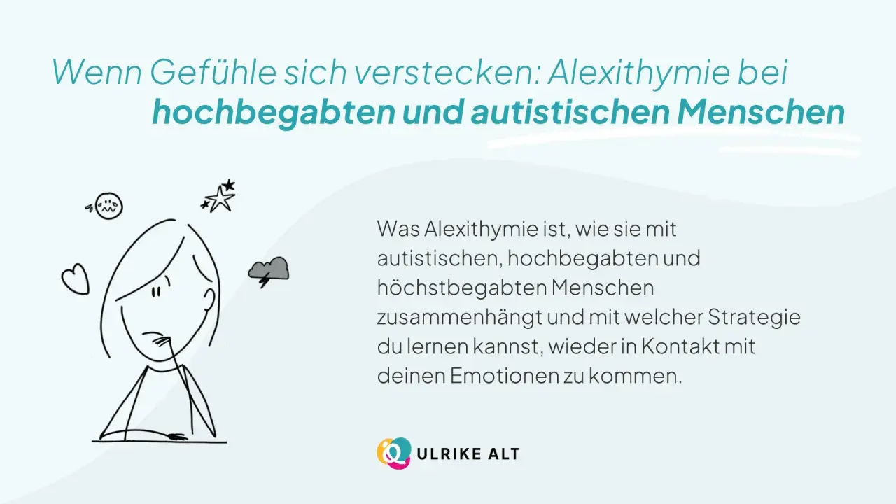 Eine Person mit vielen Symbolen für Gefühle um den Kopf. Alexithymie Ursachen bei Hochbegabten und Autisten.