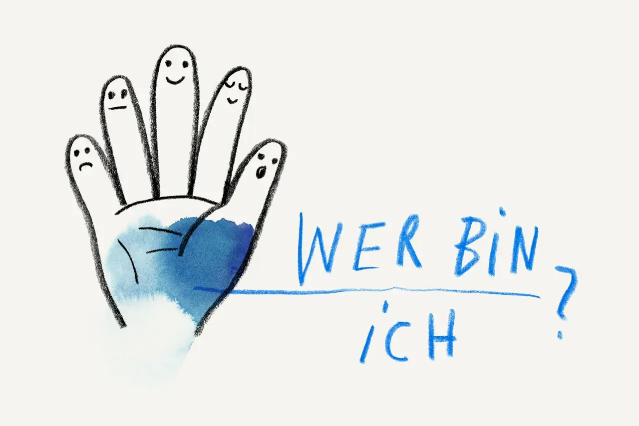 Eine Hand mit fünf Fingern, die Gesichter mit verschiedenen Ausdrücken tragen, fragt sich: "Wer bin ich?".