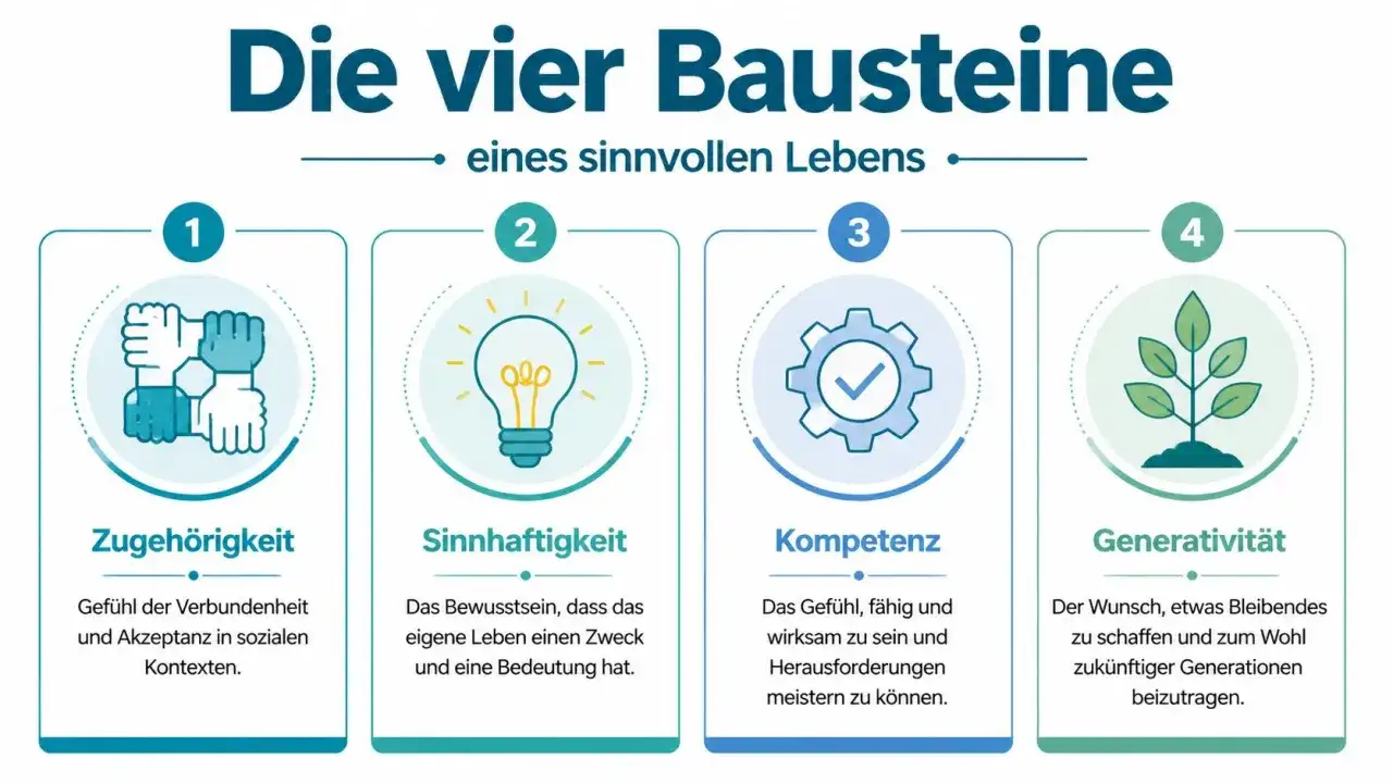 Die vier Bausteine eines sinnvollen Lebens: Zugehörigkeit, Sinnhaftigkeit, Kompetenz und Generativität. So kann man Sinn im Leben finden.
