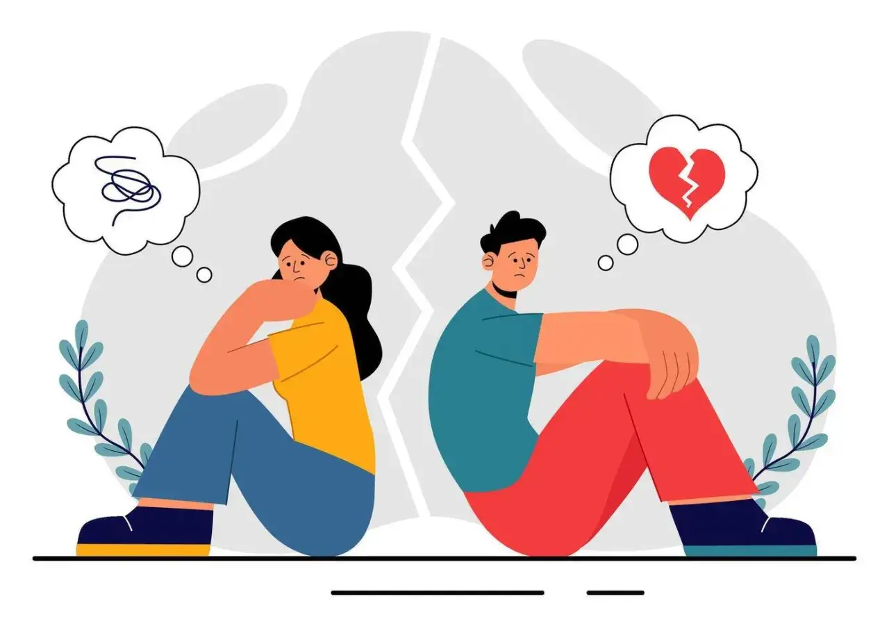 Zwei traurige Menschen sitzen getrennt, jeder in seinen eigenen Gedanken. Sie scheinen wie Menschen, die nur an sich denken, unfähig, die Beziehung zu retten.