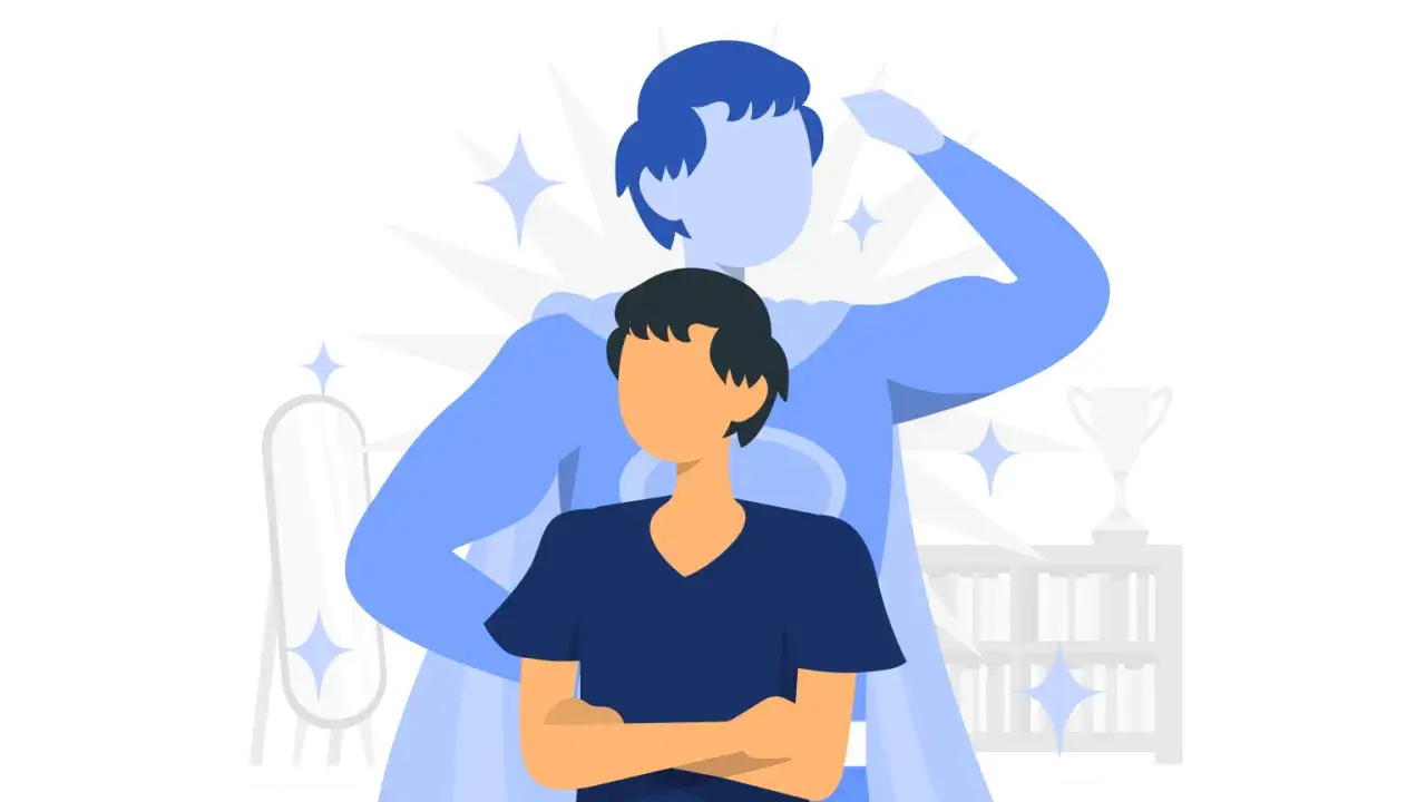 Ein Mann mit verschränkten Armen blickt selbstbewusst, während hinter ihm eine Superhelden-Silhouette steht. Er hat gelernt, sich selbst treu zu bleiben.