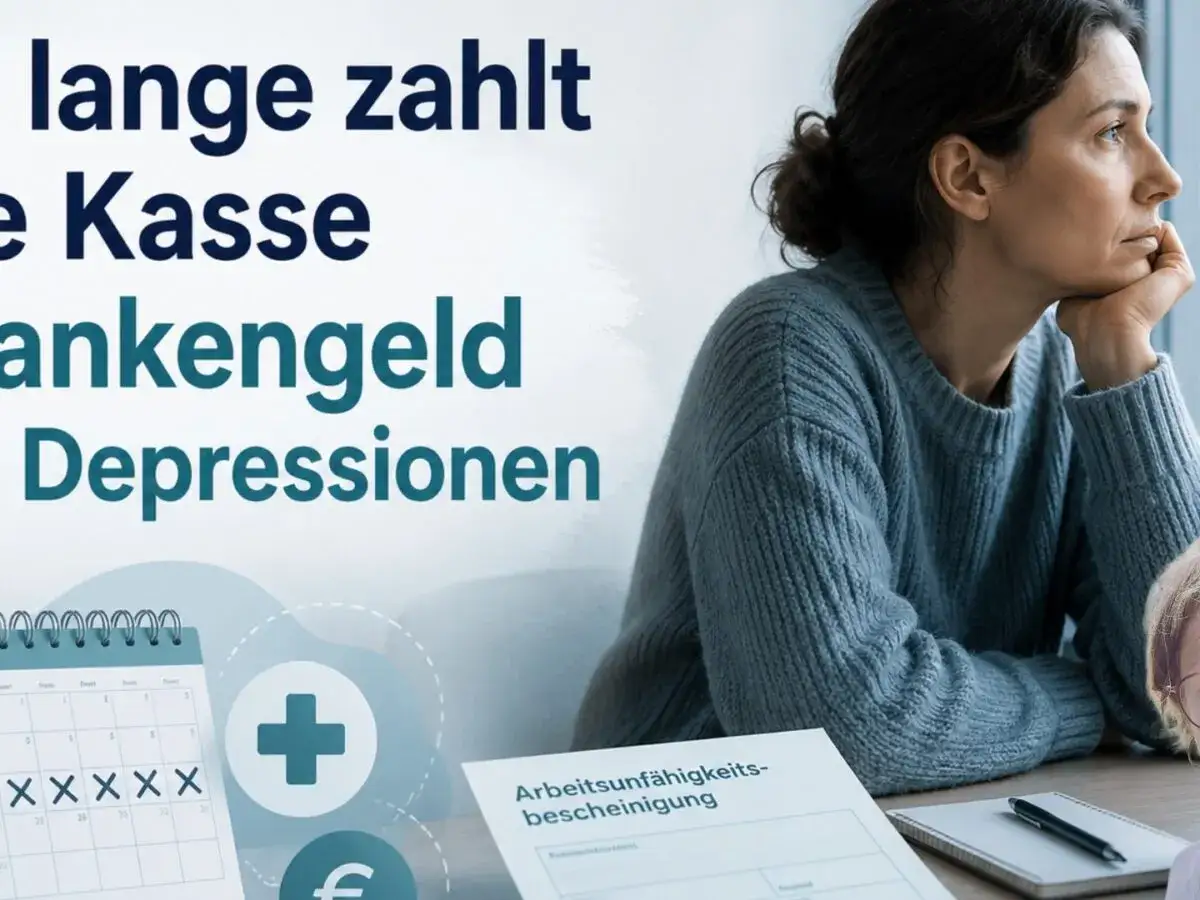 Frau denkt nach, wie lange Krankengeld bei Depressionen gezahlt wird. Kalender, Pluszeichen und Arbeitsunf&auml;higkeitsbescheinigung im Bild.