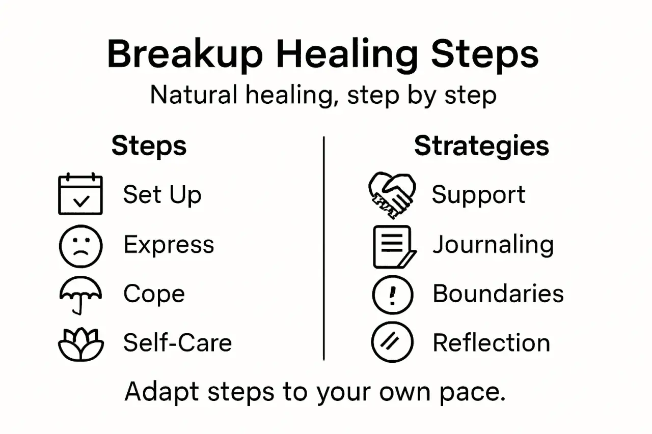 Schritte zur Trennung verarbeiten: Set Up, Express, Cope, Self-Care. Strategien: Support, Journaling, Boundaries, Reflection.