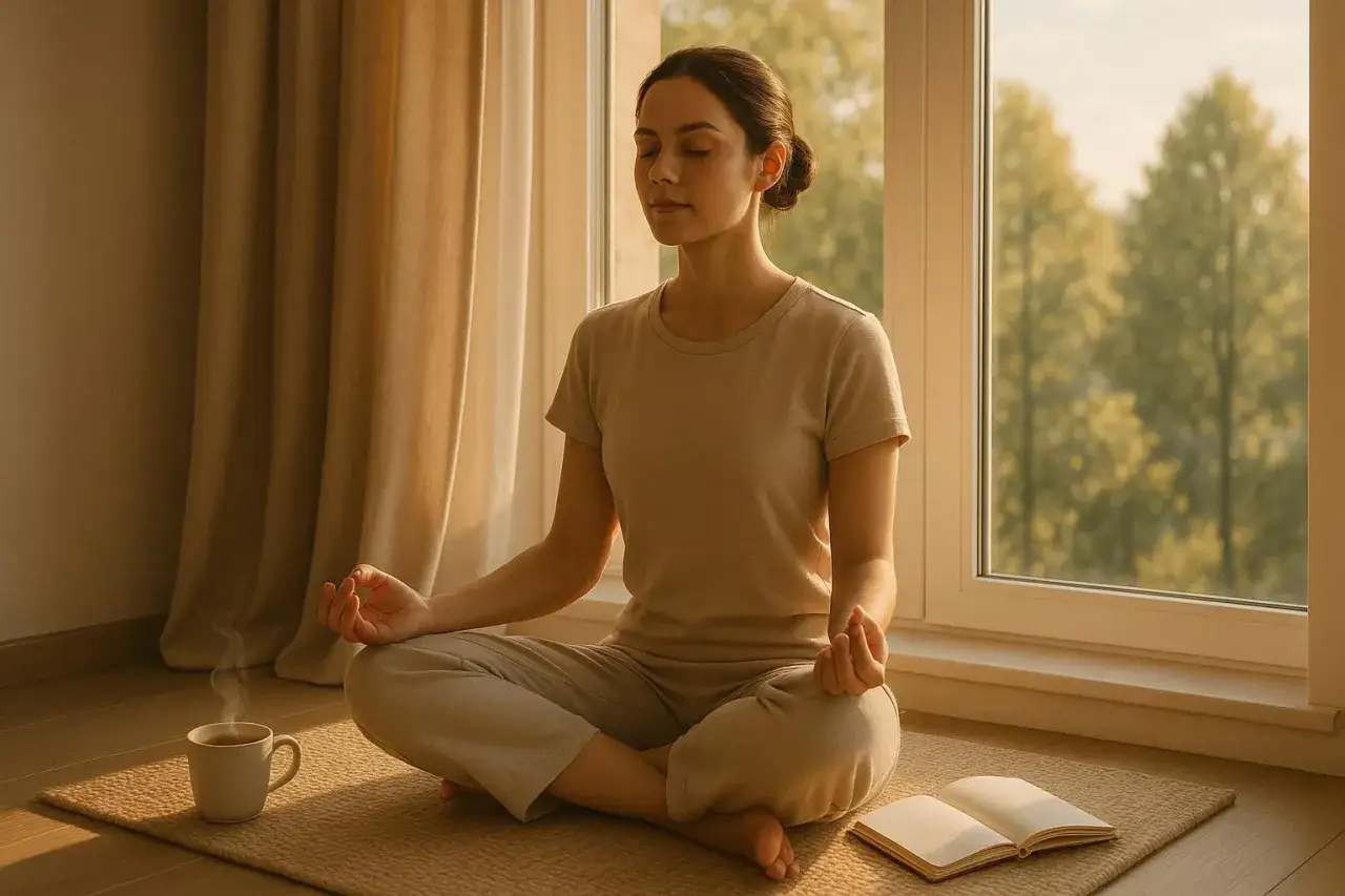 Frau meditiert am Fenster, umgeben von positiven Gedanken. Eine Tasse Tee und ein Buch liegen bereit.