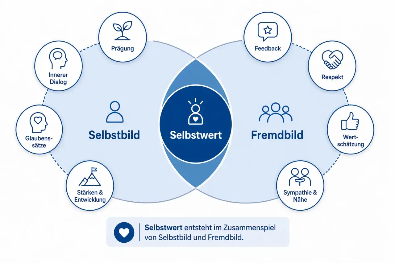 Schema zeigt, wie Selbstwert durch Selbstbild (Pr&auml;gung, innerer Dialog, Glaubenss&auml;tze, St&auml;rken) und Fremdbild (Feedback, Respekt, Wertsch&auml;tzung, Sympathie) entsteht. Dies beeinflusst Entscheidungen treffen Psychologie.