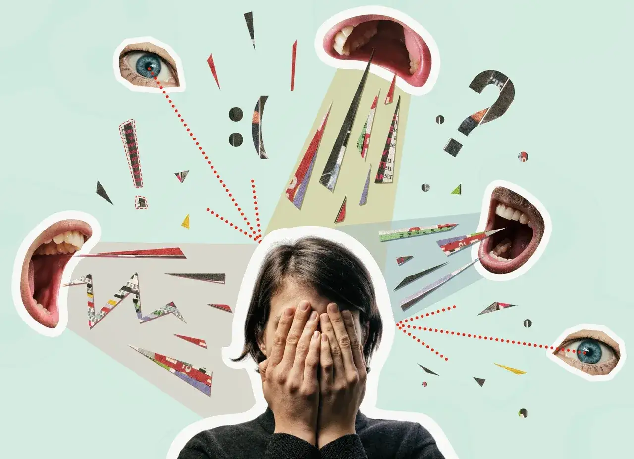 Kollage zeigt eine Person, die sich sch&auml;mend die H&auml;nde vors Gesicht schl&auml;gt, umgeben von schreienden M&uuml;ndern und Augen. Ein visueller Ausdruck des Umgangs mit Scham.