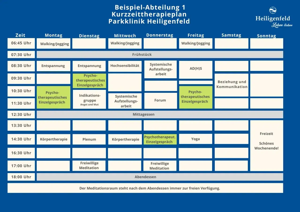 Wochenplan der Parkklinik Heiligenfeld: Psychotherapie, Entspannung, Körpertherapie und mehr. Ein Beispiel für eine Kurzzeittherapie.