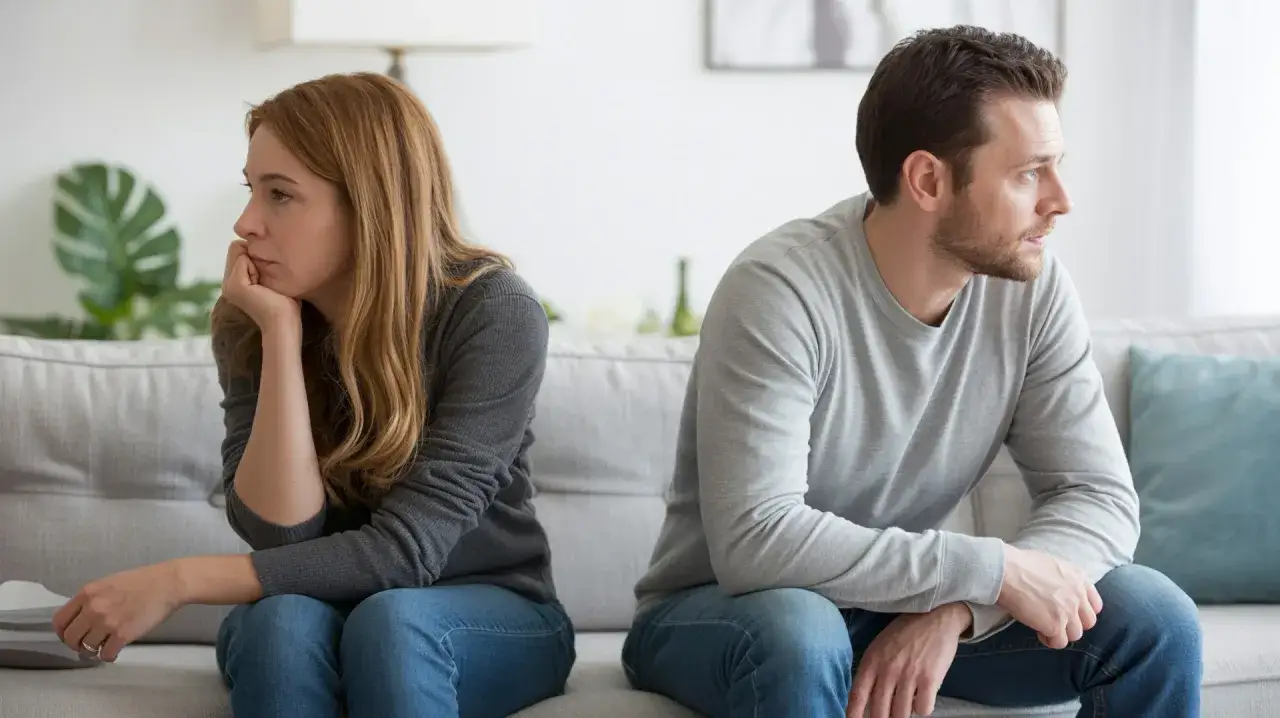 Ein Paar sitzt auf einer Couch, jeder in seine eigene Richtung blickend. Die Frau st&uuml;tzt ihren Kopf auf die Hand, der Mann starrt ins Leere. Es scheint, als g&auml;be es keine sexuelle Anziehung mehr zum Partner.