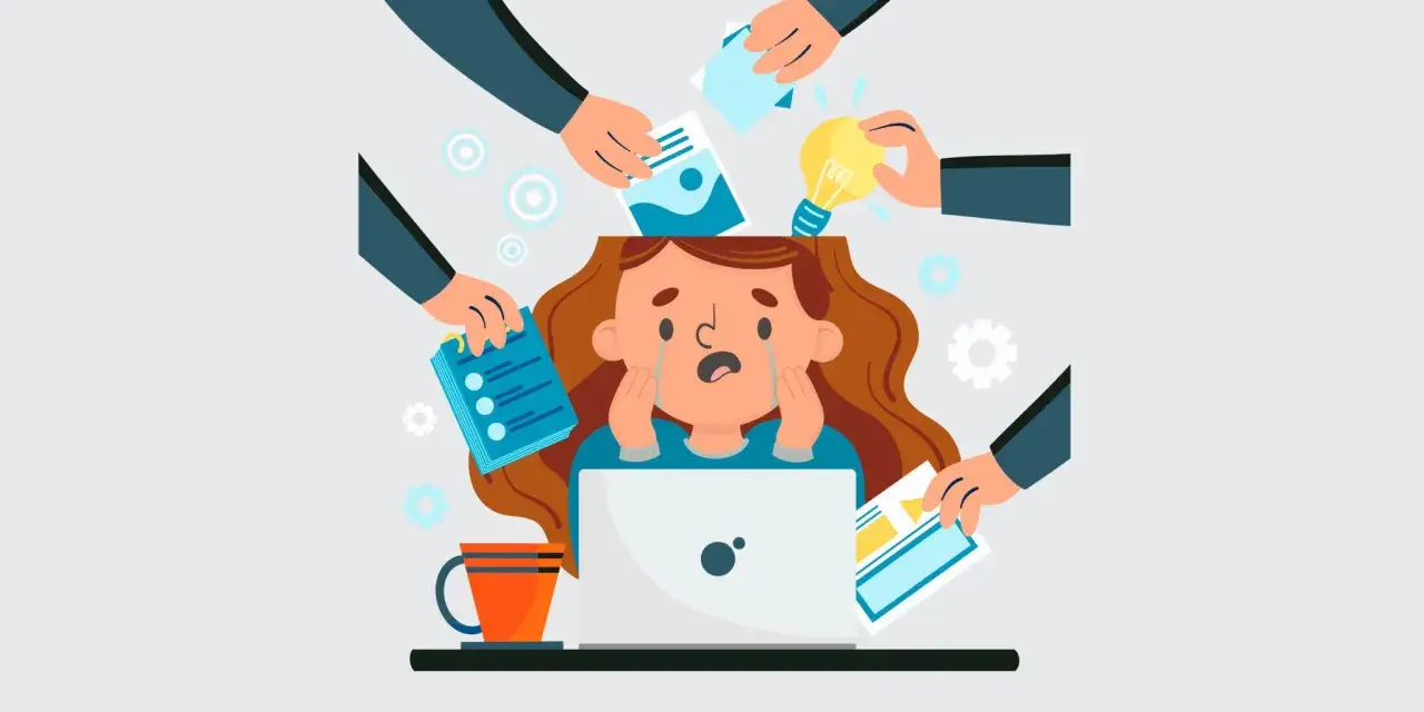 &Uuml;berforderte Frau am Laptop, umgeben von H&auml;nden, die ihr Aufgaben und eine Gl&uuml;hbirne geben. Sie weint, ein Symbol f&uuml;r Depression bei der Arbeit.
