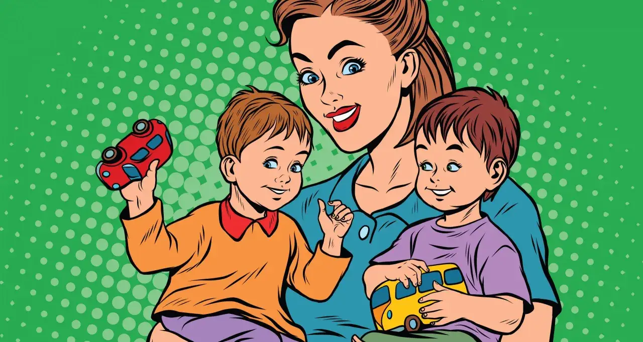 Eine Frau umarmt zwei Jungen, die mit Spielzeugautos spielen. Mögliche Ursachen für ein Helfersyndrom in der Kindheit könnten in solchen Szenen liegen.