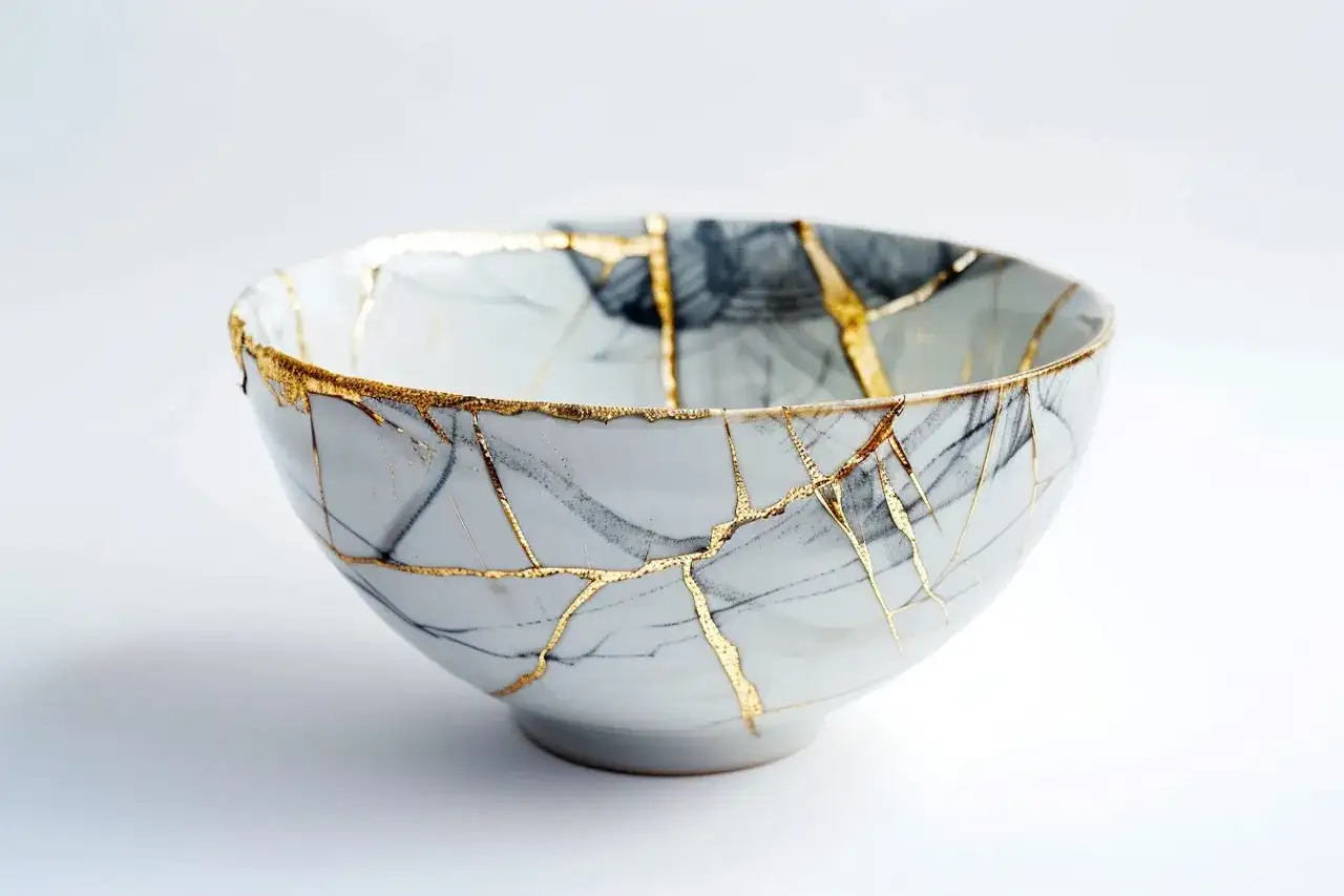 Schale mit goldenen Rissen, die an Kintsugi erinnert. Symbolisiert die psychologie, dass Br&uuml;che uns st&auml;rker machen.