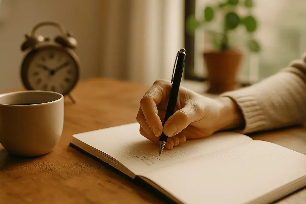Eine Hand schreibt in ein Notizbuch, w&auml;hrend eine Kaffeetasse und ein Wecker daneben stehen. Zeit, die Gedanken aufzuschreiben.
