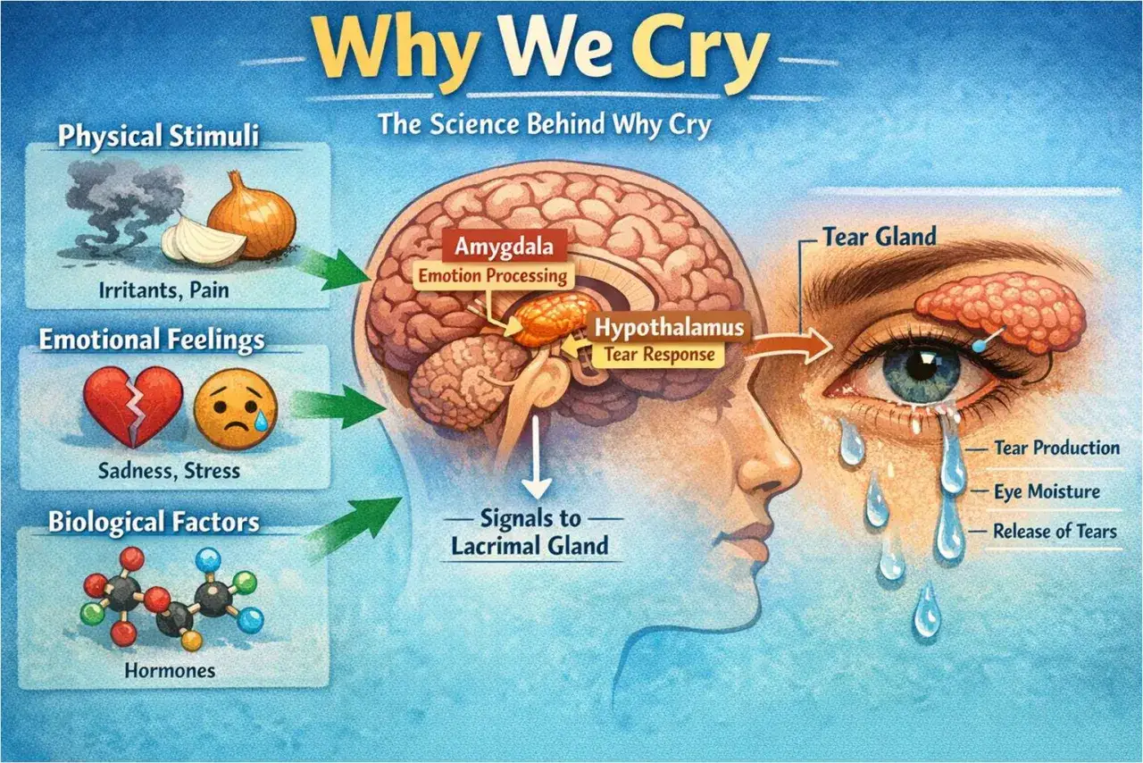 Warum weint man? Die Grafik zeigt, wie Reizstoffe, Emotionen und Hormone über Amygdala und Hypothalamus die Tränendrüse aktivieren.