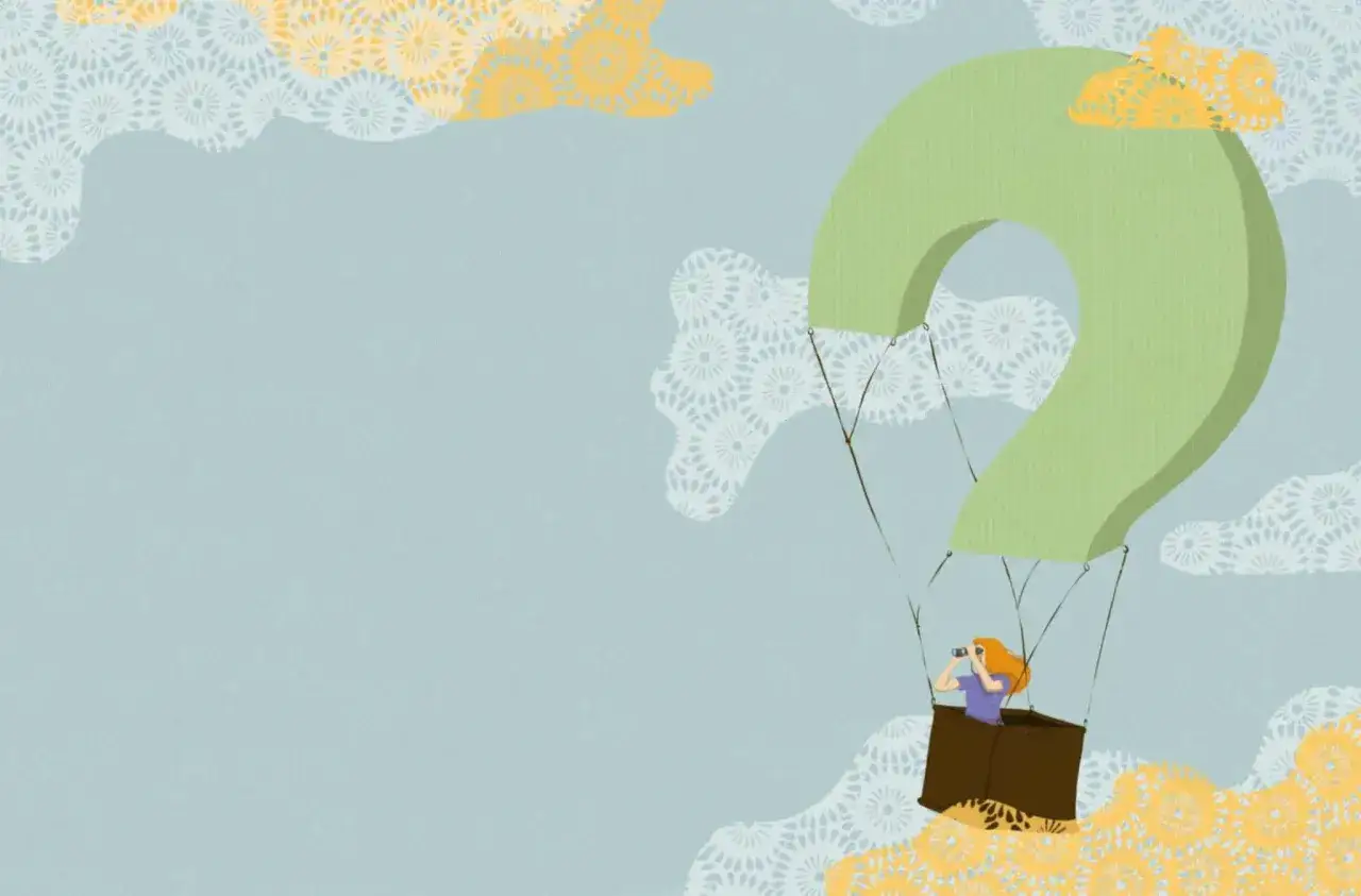 Frau im Korb eines riesigen Fragezeichens, das wie ein Ballon fliegt. Sie blickt durch ein Fernglas und vertraut dem Leben.