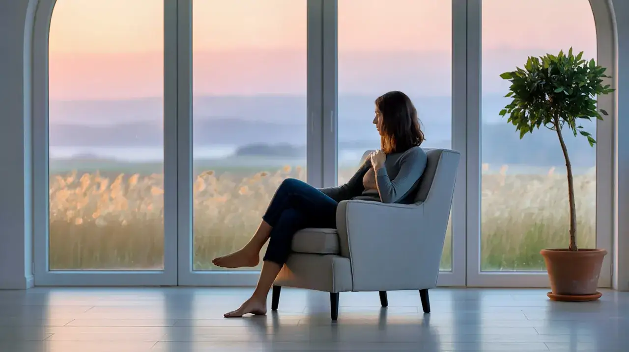 Frau sitzt im Sessel, blickt in die Ferne. Die Abendsonne taucht die Landschaft in warmes Licht. Ein Moment der Ruhe, um loslassen zu lernen.