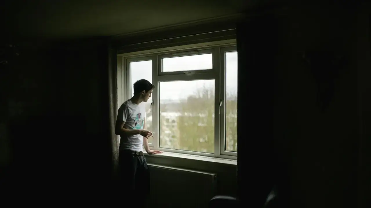 Ein junger Mann steht am Fenster, raucht und blickt hinaus. Die Szene strahlt Einsamkeit und Depression aus.