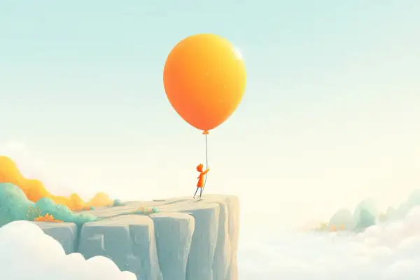 Ein Kind steht am Rand einer Klippe und hält einen orangen Ballon. Es ist ein Bild vom loslassen lernen.