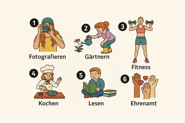 Sechs Icons zeigen Aktivitäten: Fotografieren, Gärtnern, Fitness, Kochen, Lesen, Ehrenamt. Welcher Test zeigt, wie ist mein Charakter?