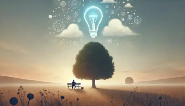 Ein Mann sitzt allein auf einer Bank unter einem Baum. Über ihm schwebt eine leuchtende Glühbirne, die Ideen symbolisiert. Dies kann als Metapher für die Suche nach Inspiration aus der **Langeweile aus psychologischer Sicht** interpretiert werden.