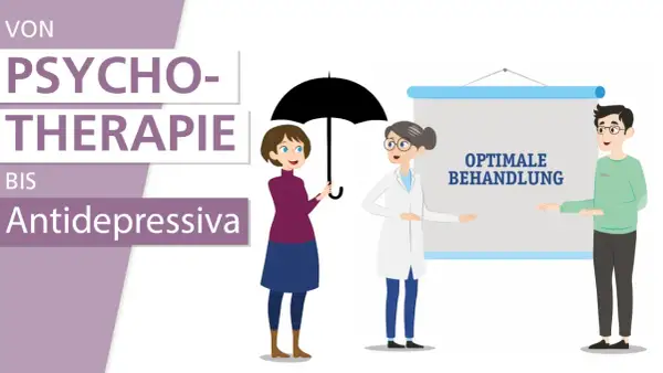 Illustration zeigt eine Frau mit Regenschirm, eine Ärztin und einen Mann vor einer Tafel mit "Optimale Behandlung". Psychotherapie und Antidepressiva als Mittel bei Depressionen.