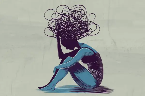 Eine Frau sitzt gekrümmt, ihr Kopf in den Händen, während sich über ihr ein chaotisches Gewirr aus Linien ausbreitet. Sie kämpft mit der **Angst vor der Vergangenheit**.